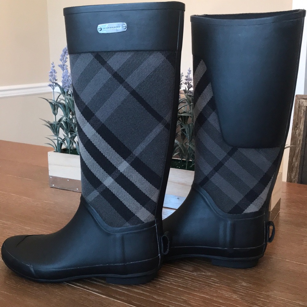 Burberry Charcoal Check Panel Clemence Rain Boots